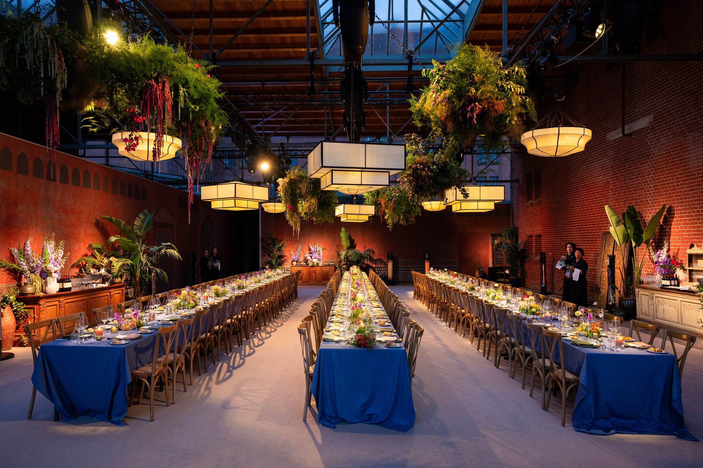 Dinner set up under blue light in the studio