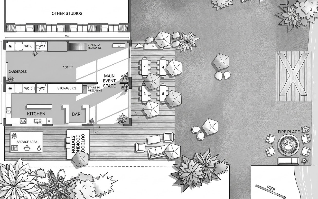 Floor plan of Studio LA FLOR: 160 sqm studio with kitchen, two bars, garden with fire place and pier access.